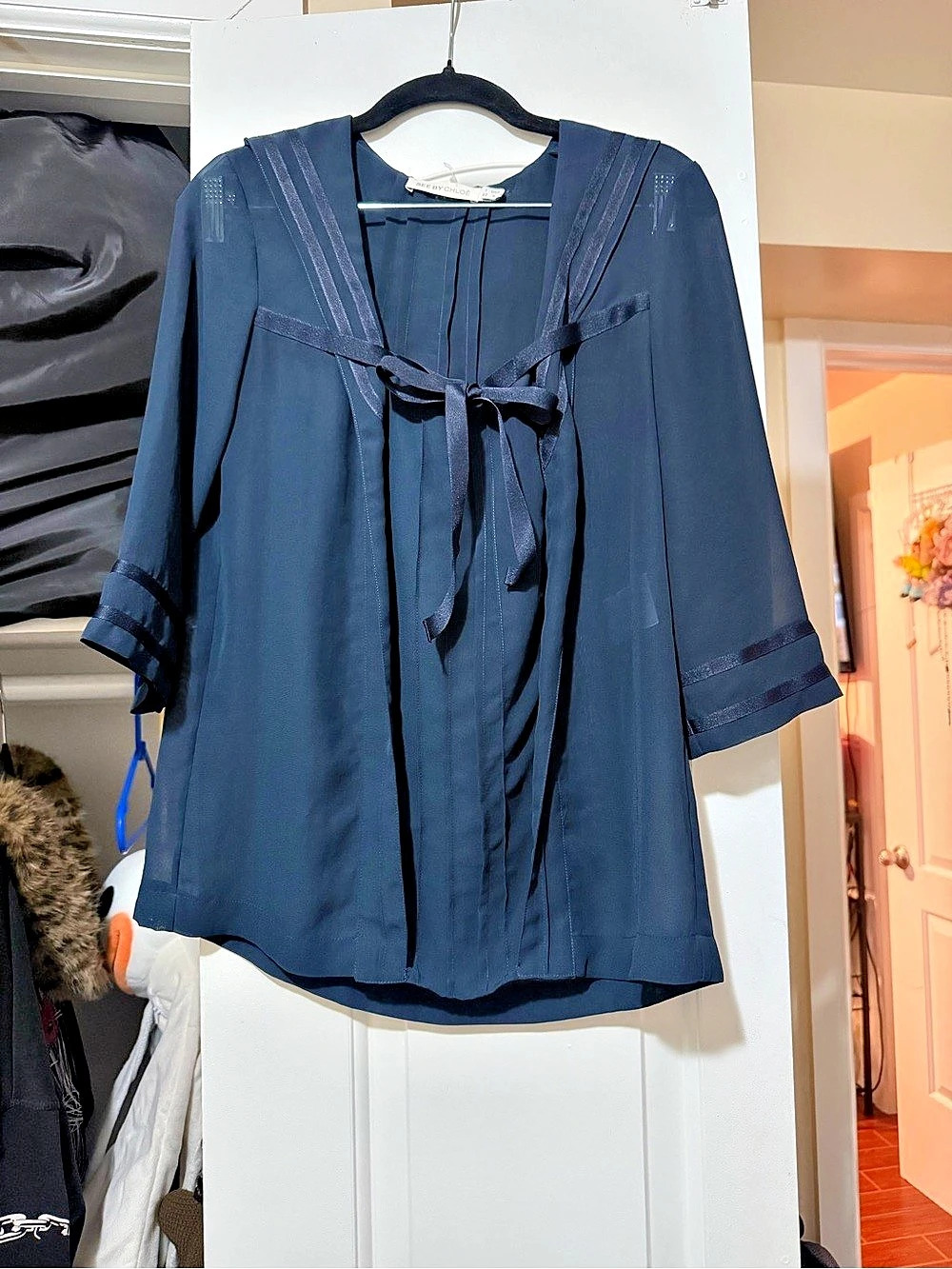 See by Chloé Sheer sailor Tie-Front Blouse in Blue Size 6